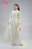  TAC0020 Áo Dài Nữ Cách Tân Hoạ Tiết Thêu Kim Sa Viền Xanh - Trắng 