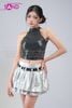  OUTFIT PHỐI SẴN (HAM0109 Áo Croptop Ba Lỗ Kim Sa Đen phối HVQ0202 Váy Xếp Li Bạc 2 Tầng Khoen) 