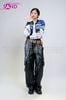  OUTFIT PHỐI SẴN (HAK0808 Áo Khoác Thun Khóa Kéo Croptop Biker Xanh Dương phối HQA0106 Quần Da Suông Túi Hộp Nam - Đen) 