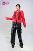  OUTFIT PHỐI SẴN (HAK0403 Áo Khoác Đỏ Dài Tay Gài Nút Cổ Đứng Kiểu Pháp phối HQA0106 Quần Da Suông Túi Hộp Nam - Đen) 