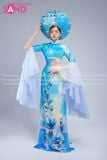  TAE0813 Áo Dài Thiết Kế Tay Voan Xoè Hoạ Tiết Hoa Xanh Áo Liền - Màu Xanh  ( KÈM MẤN ) 