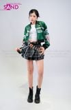  OUTFIT PHỐI SẴN (HAK0902 Áo Khoác Thun Khóa Kéo Croptop Biker - Xanh Lá phối HVV0101 Váy Xếp Li 2 Tầng Khoen Màu Đen) 