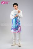  TAD0811 Áo Dài Nam Táp Trắng - Phong Cảnh Tòa Nhà Bitexco 