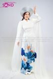  TAC0033 Áo Dài Thiết Kế Tay Voan Lơi Hoạ Tiết Sen Xanh - Màu Trắng 