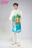  TAD0024 Áo Dài Nam Táp Trắng - Phong Cảnh Vịnh Hạ Long 
