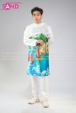  TAD0024 Áo Dài Nam Táp Trắng - Phong Cảnh Vịnh Hạ Long 