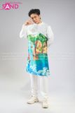  TAD0024 Áo Dài Nam Táp Trắng - Phong Cảnh Vịnh Hạ Long 
