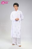  TAP0001 Áo Dài Gấm Thọ Đồng Tiền Nam Trắng 