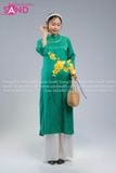  TAC0930 Áo Dài Gấm Hoa Hồng Dáng Suông Có Cổ - Màu Xanh Lá 