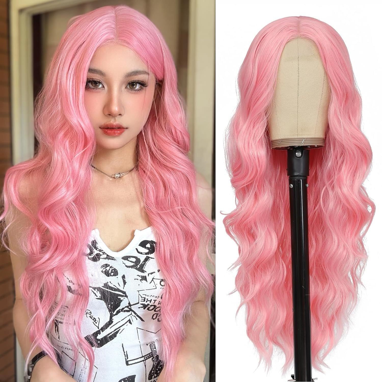  DPT1503 Tóc Giả Lace Front Màu Hồng Pastel (Candy Pink) – Sóng Nước Bồng Bềnh 