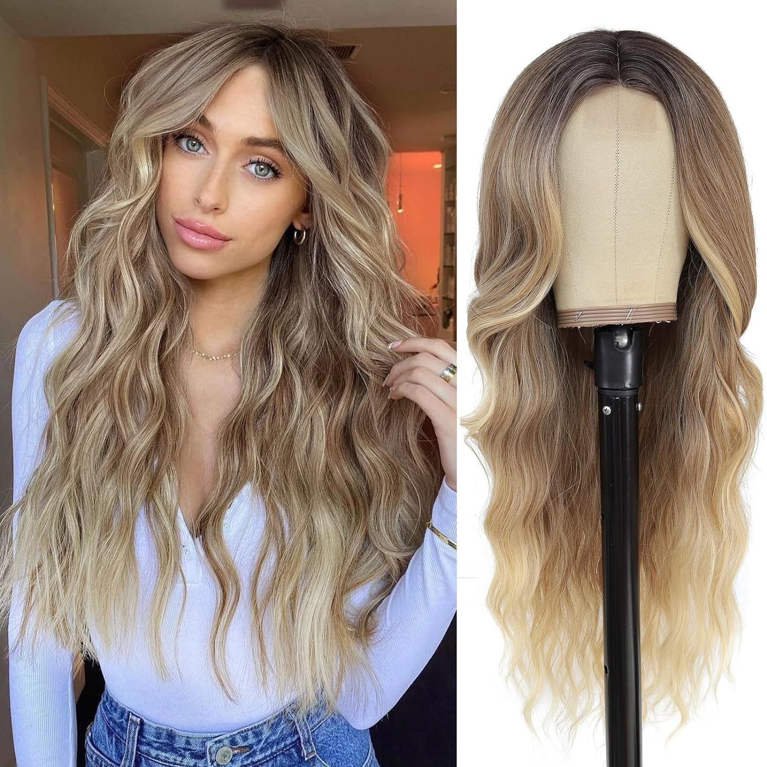  DPT1007 Tóc Giả Lace Front Màu Ombre Blonde - Xoăn Sóng Lọn Lớn Nâu 