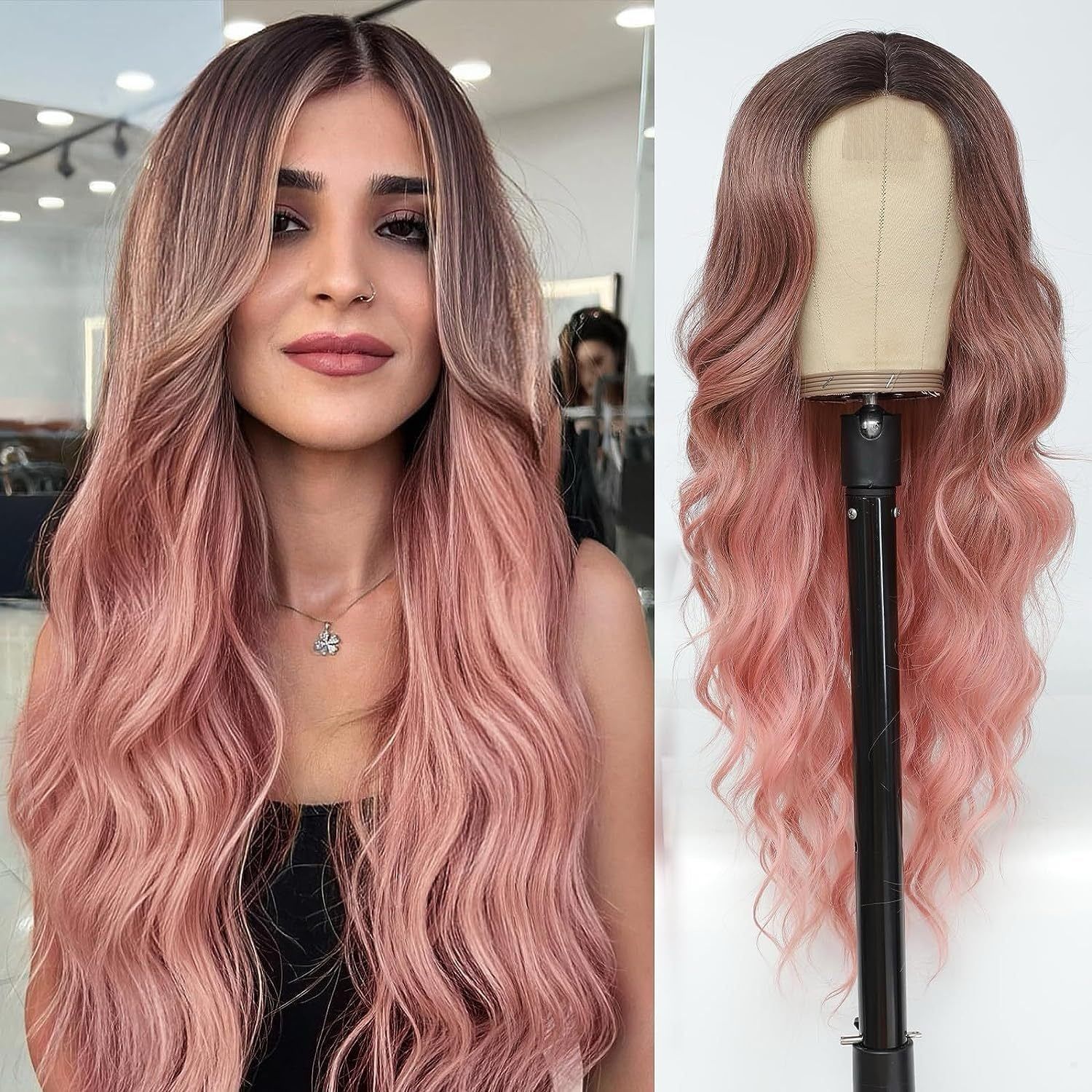  DPT1504 Tóc Giả Lace Front Màu Pink Ombre - Sóng Nước 