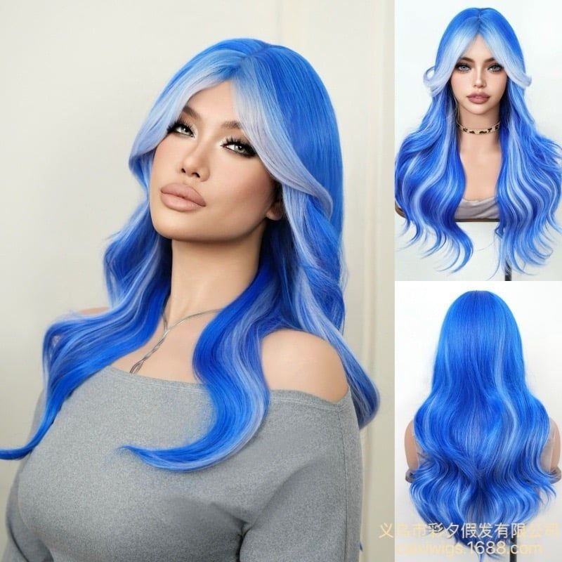  DPT0812 Tóc Giả Nữ Ombre Màu Xanh Thiên Thanh - Kiểu Tóc Dài Xoăn Có Mái Bay 