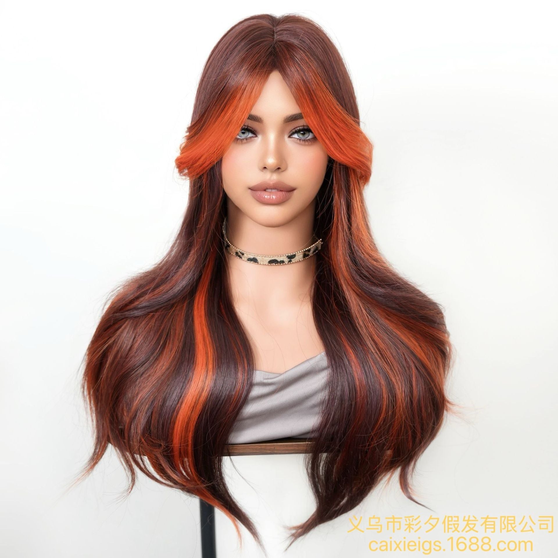  DPT0606 Tóc Giả Ombre Màu Cam Lửa - Kiểu Tóc Dài Xoăn Mái Bay 
