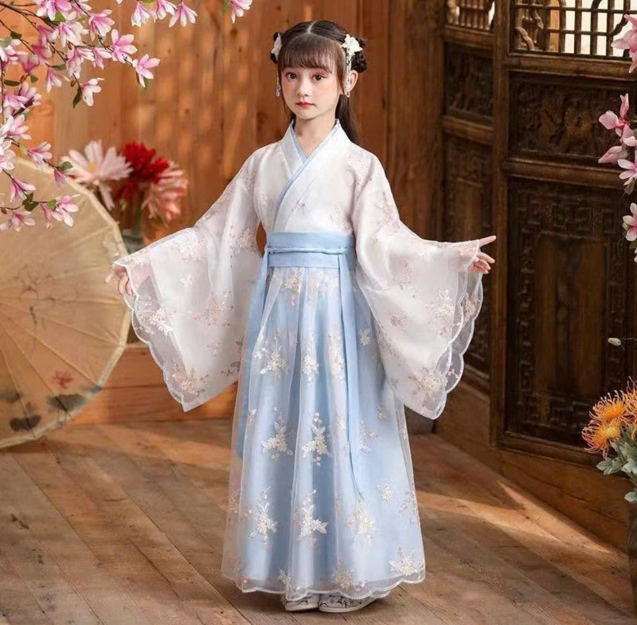  Váy Cổ Trang Hoá Trang Hằng Nga Trẻ Em Hoạ Tiết - Xanh Dương 