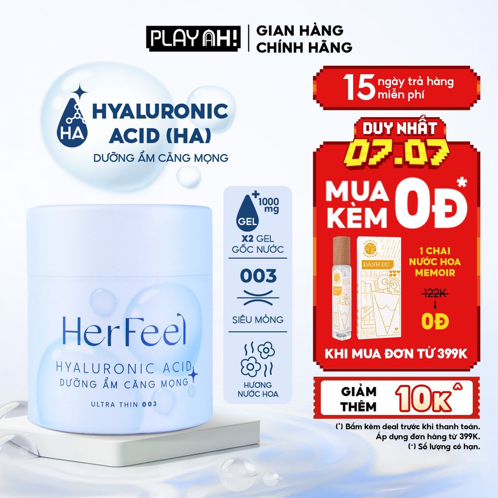 Bao cao su dưỡng ẩm Her Feel HA Hộp 3/10 Gấp đôi gel dưỡng ẩm cao cấp
