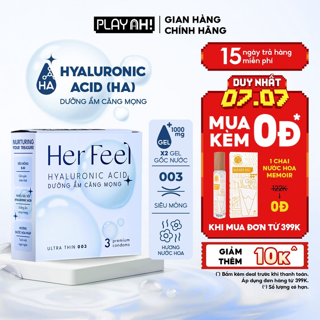 Bao cao su dưỡng ẩm Her Feel HA Hộp 3/10 Gấp đôi gel dưỡng ẩm cao cấp