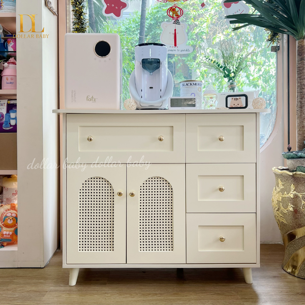  Tủ Gỗ Ngang Ngăn Kéo Cánh Mây Kết Hợp Treo Đồ - Tay Cầm Núm Đồng 