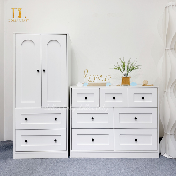  Bộ Tủ Gỗ Trắng Núm Tròn Đen Không Chân ( Tủ đứng 2 hộc ) 