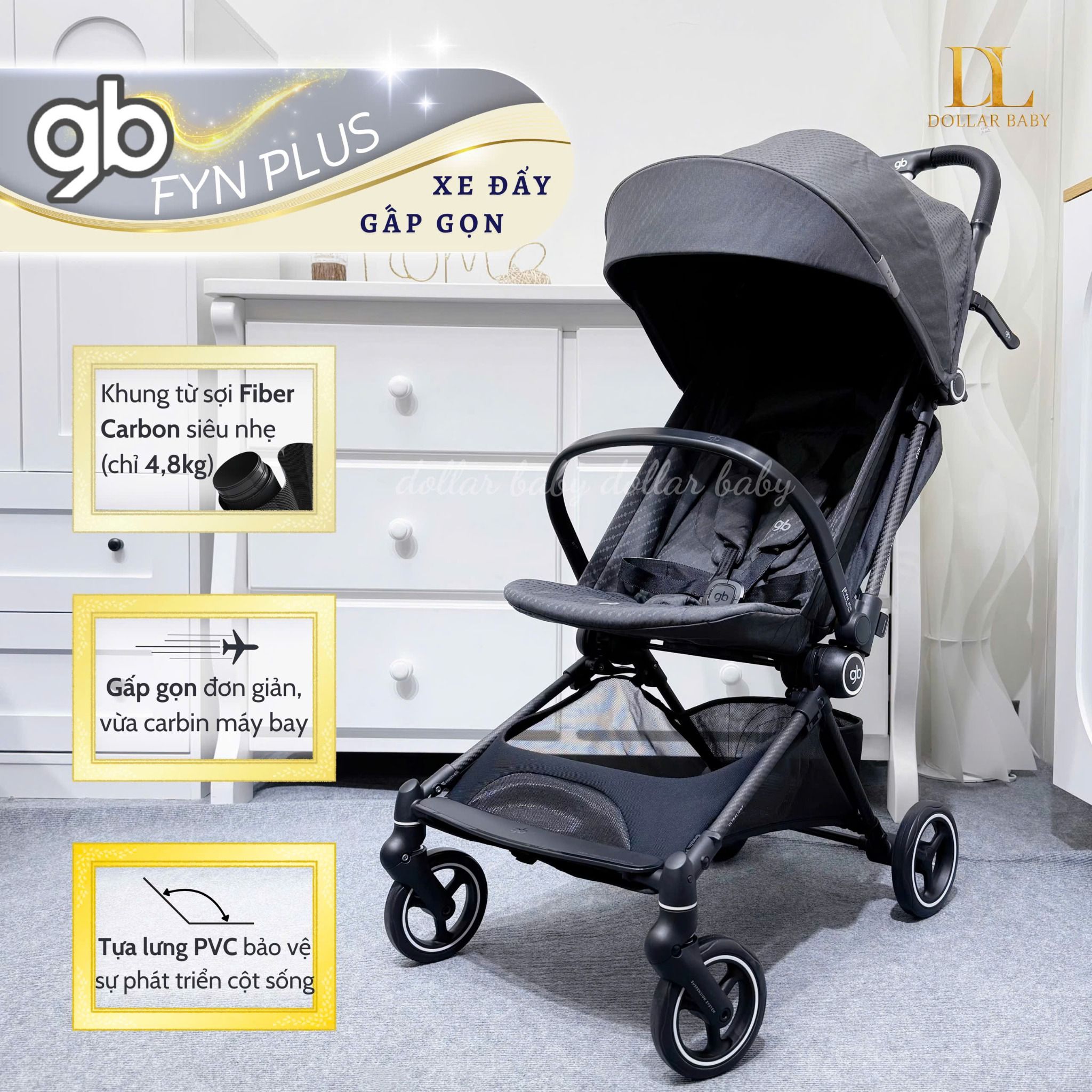  Xe Đẩy Gấp Gọn Siêu Nhẹ GB Fyn Plus Khung Carbon Siêu Nhẹ 