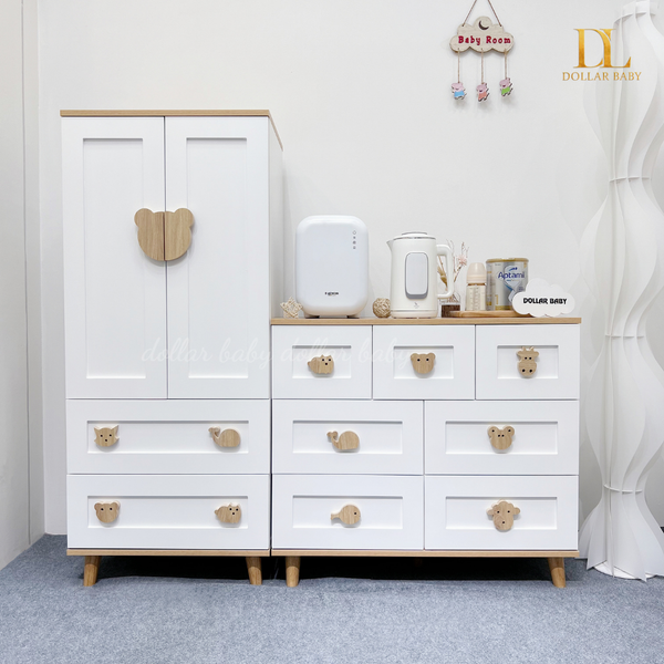  Bộ Tủ Gỗ Trắng Gấu Nâu / Vân  Gỗ  - Tay Cầm Hình Thú 