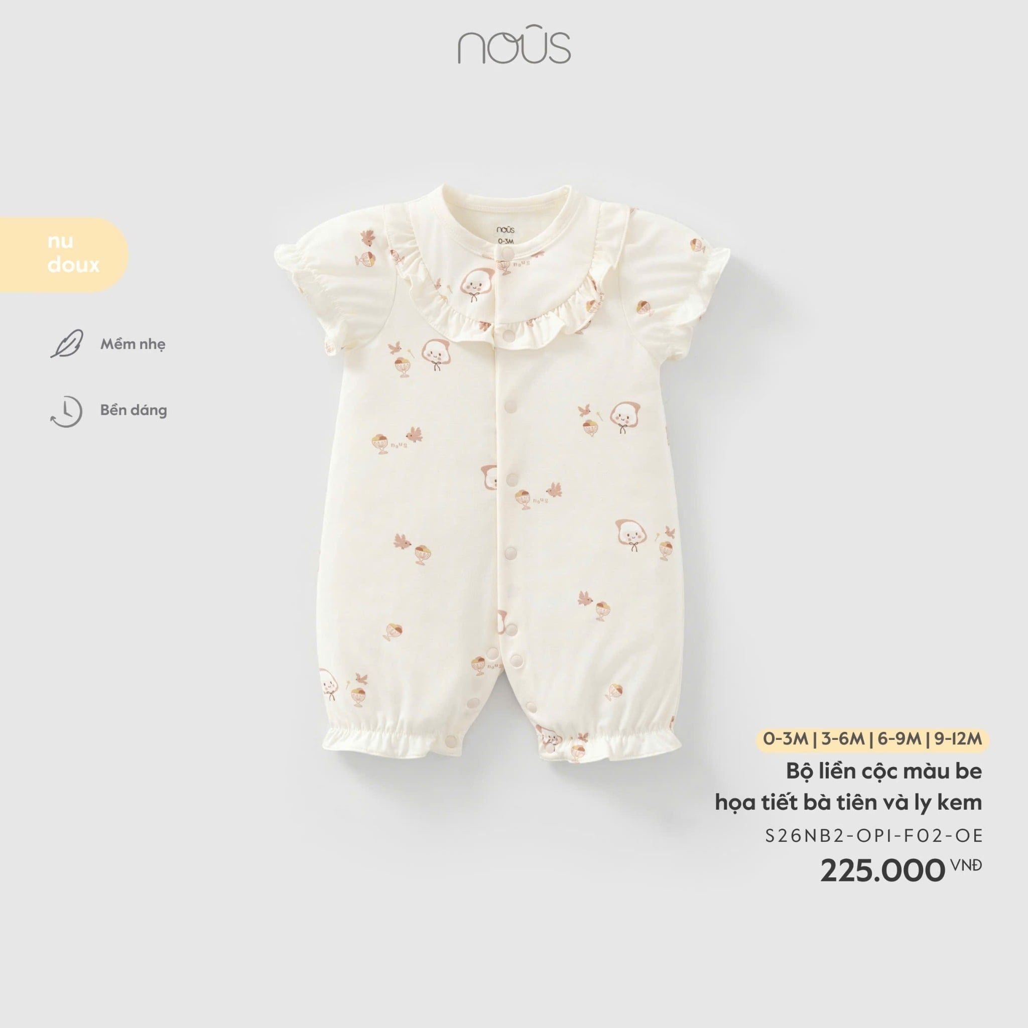  NOUS - Bộ Liền Cộc Màu Be Hoạ Tiết Bà Tiên Và Ly Kem 