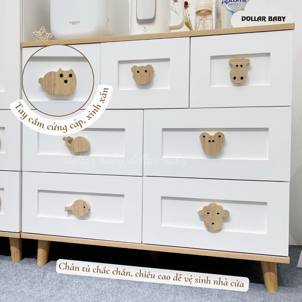  Bộ Tủ Gỗ Trắng Gấu Nâu / Vân  Gỗ  - Tay Cầm Hình Thú 