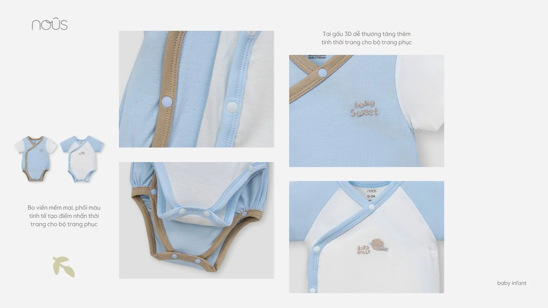  NOUS - Set 2 bodysuit cài lệch cộc tay màu xanh phối trắng 