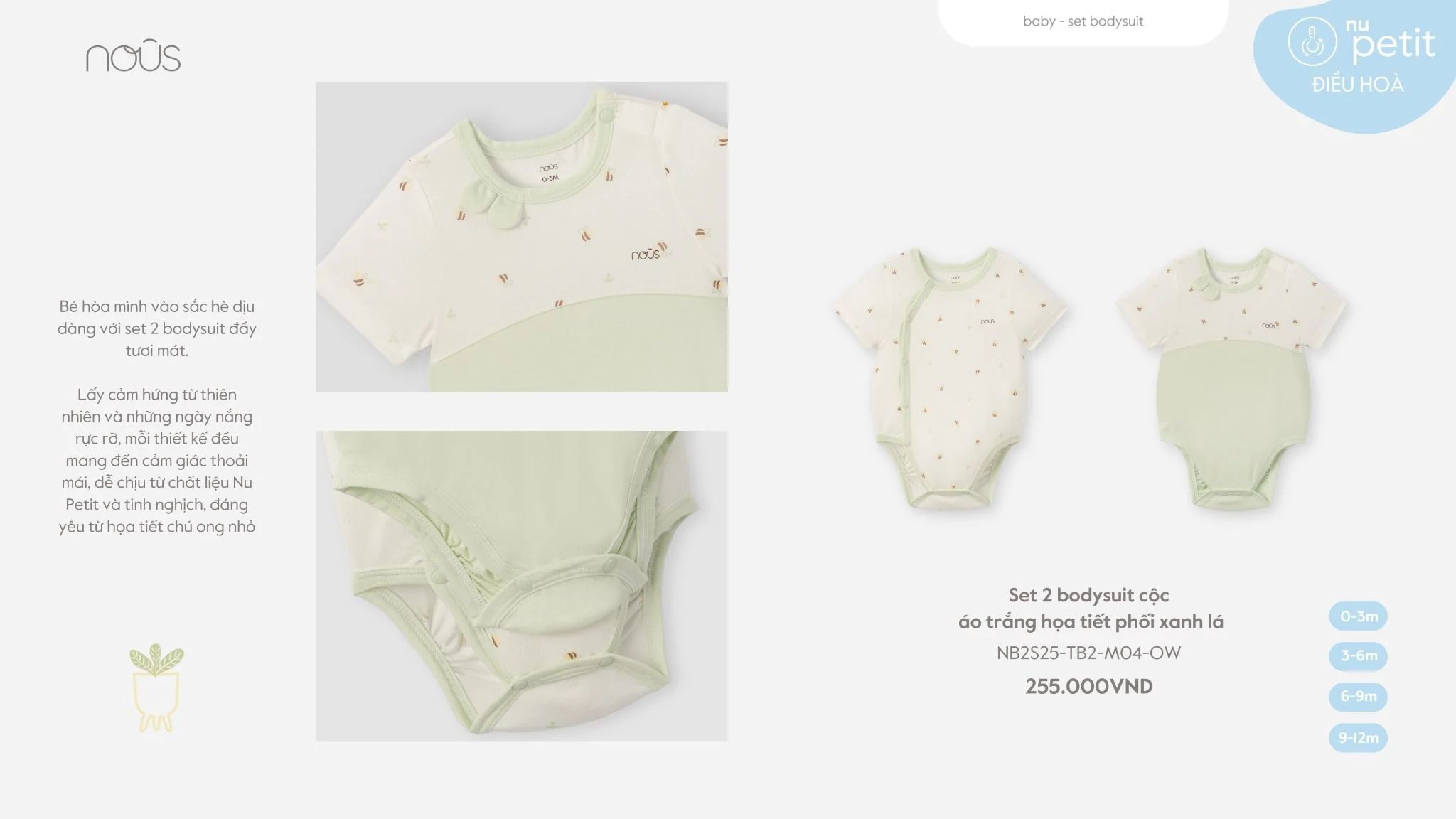  NOUS - Set 2 bodysuit cộc áo trắng họa tiết phối xanh lá 