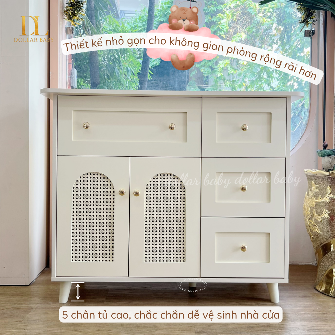  Tủ Gỗ Ngang Ngăn Kéo Cánh Mây Kết Hợp Treo Đồ - Tay Cầm Núm Đồng 