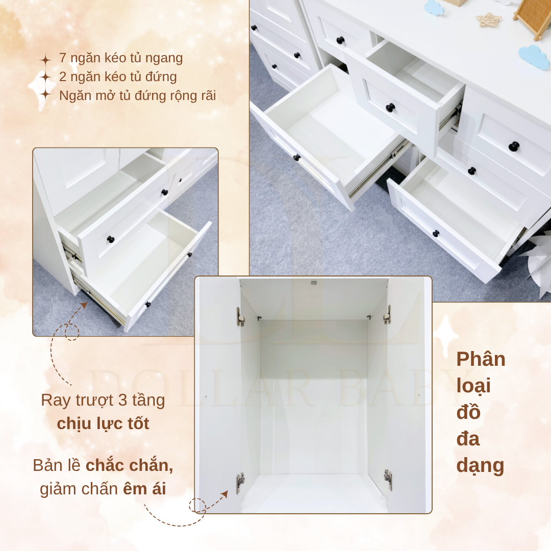  Bộ Tủ Gỗ Trắng Núm Tròn Đen Không Chân ( Tủ đứng 2 hộc ) 