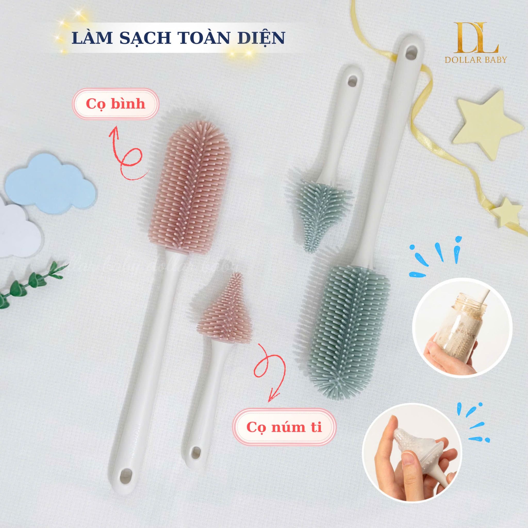  Bộ Cọ Bình Sữa, Núm Ti Silicone  Mother - K 