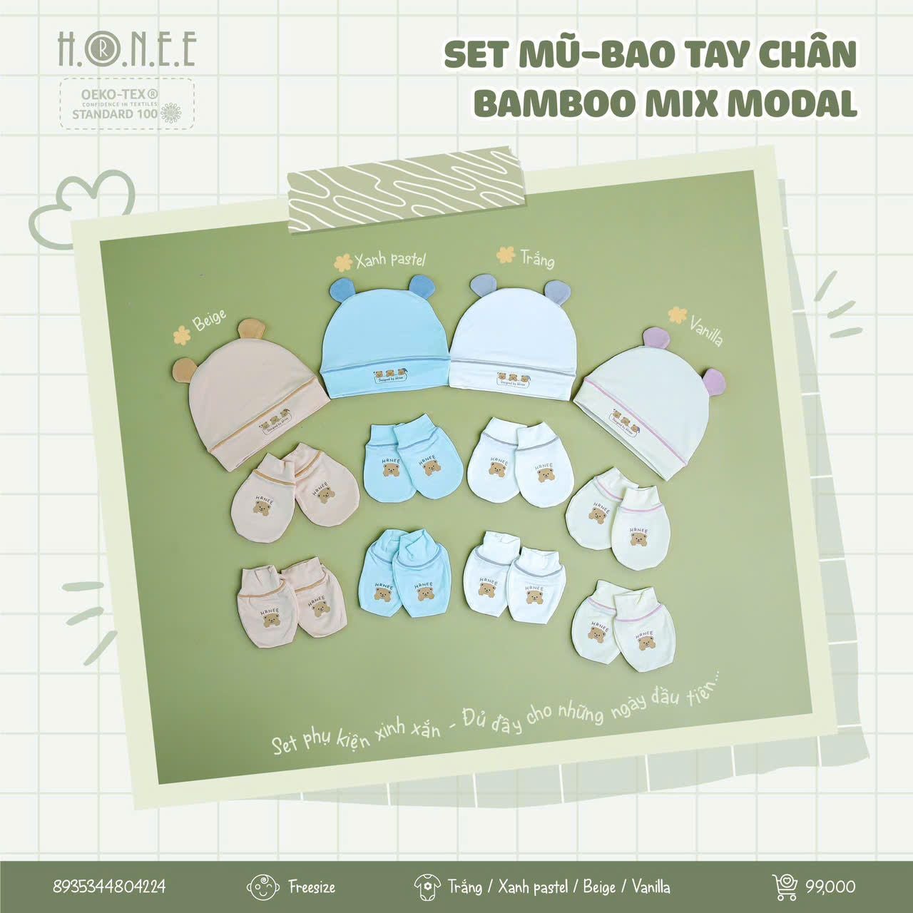  HRNEE- Set pk mũ bao tay chân Bamboo Mix Modal 