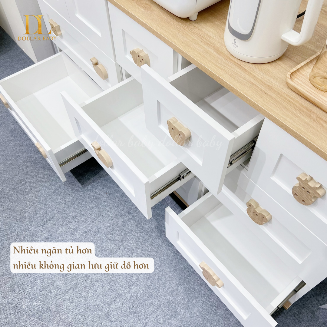  Bộ Tủ Gỗ Trắng Gấu Nâu / Vân  Gỗ  - Tay Cầm Hình Thú 