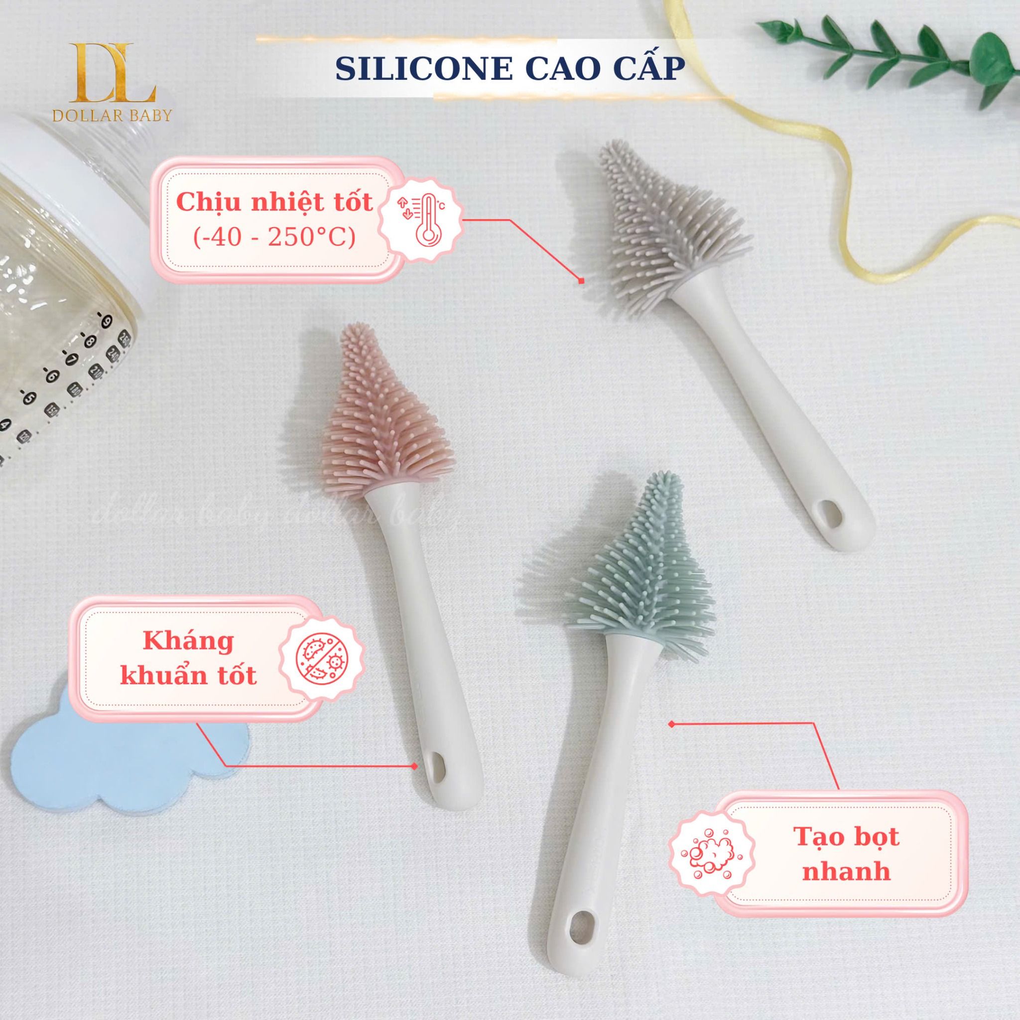  Bộ Cọ Bình Sữa, Núm Ti Silicone  Mother - K 