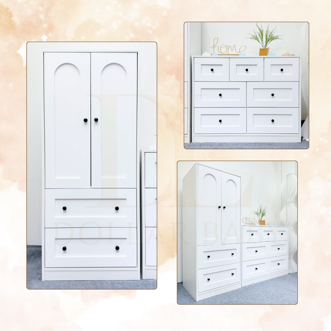  Bộ Tủ Gỗ Trắng Núm Tròn Đen Không Chân ( Tủ đứng 2 hộc ) 