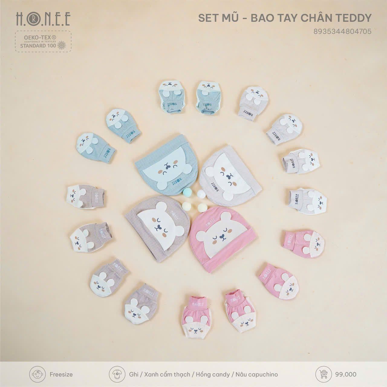  HRNEE - Set pk mũ bao tay chân Teddy 