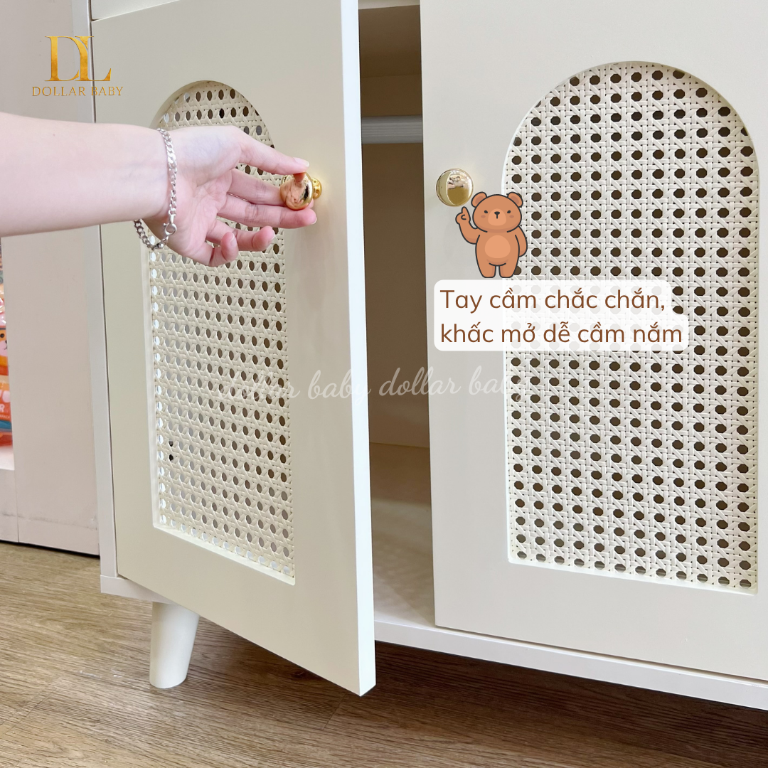  Tủ Gỗ Ngang Ngăn Kéo Cánh Mây Kết Hợp Treo Đồ - Tay Cầm Núm Đồng 