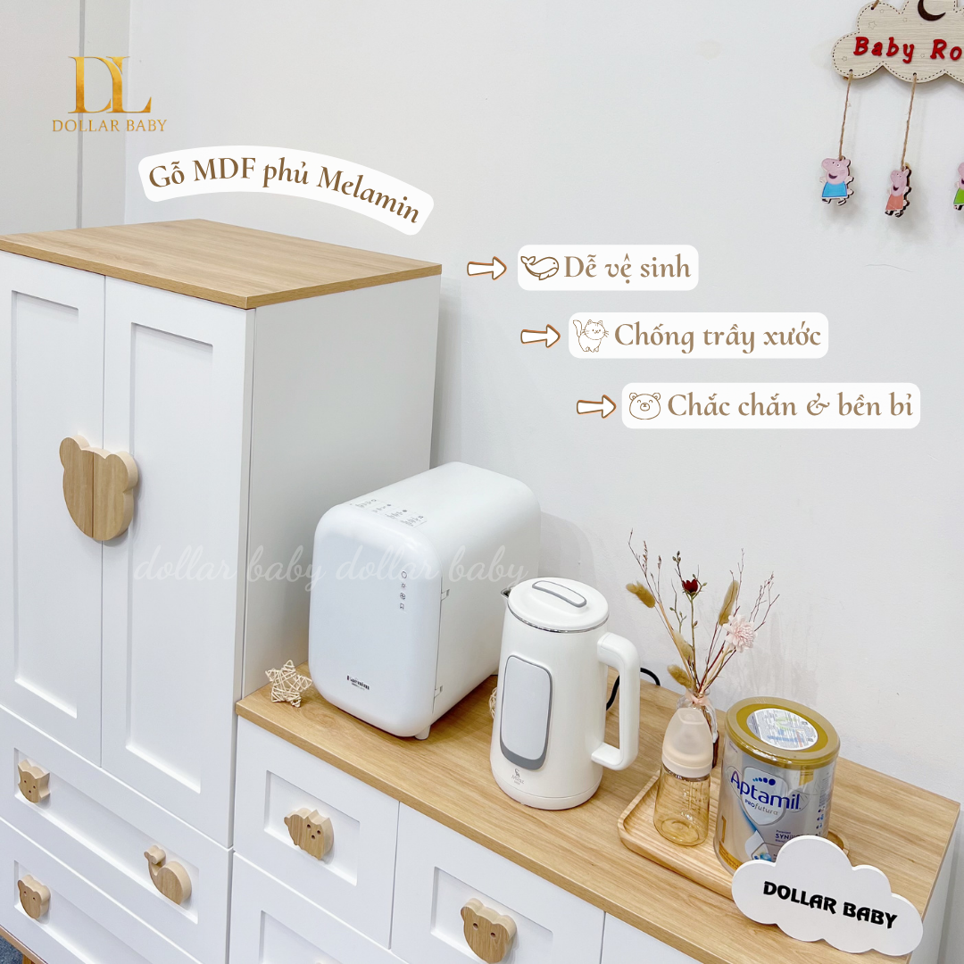  Bộ Tủ Gỗ Trắng Gấu Nâu / Vân  Gỗ  - Tay Cầm Hình Thú 