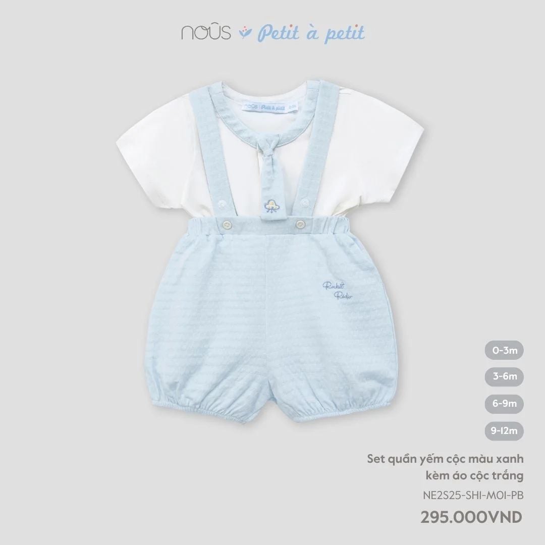  NOUS - Set quần yếm cộc màu xanh kèm áo cộc trắng 