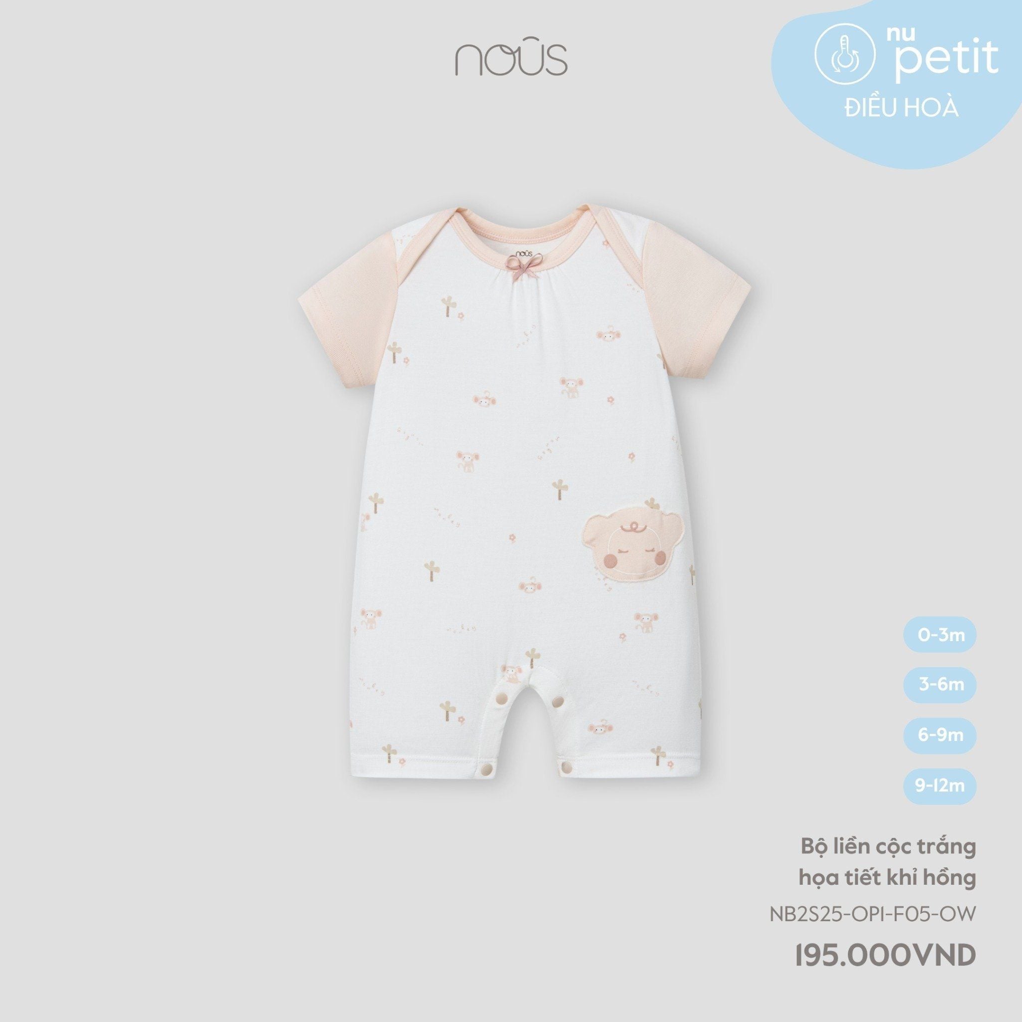  NOUS - Bộ liền cộc trắng hoạ tiết khỉ hồng 