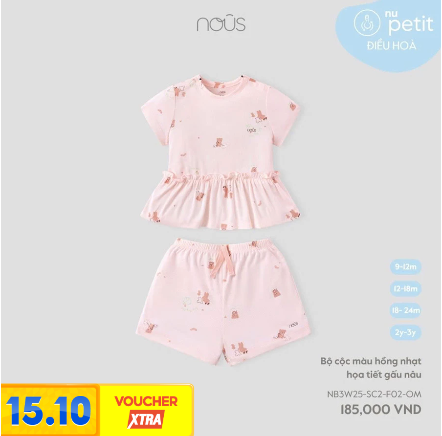  NOUS - Bộ cộc màu hồng nhạt họa tiết gấu nâu 