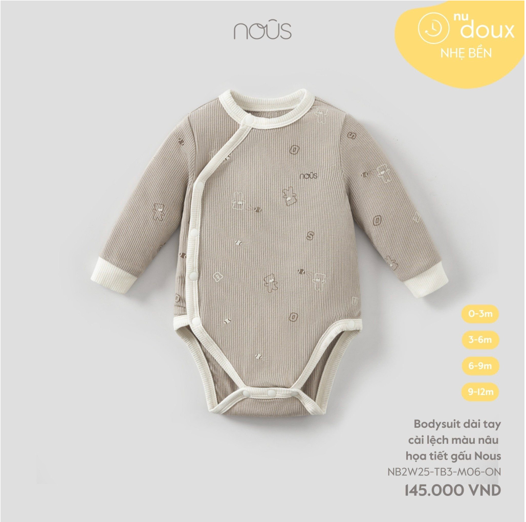  NOUS - Bodysuit dài tay cài lệch màu nâu họa tiết gấu 