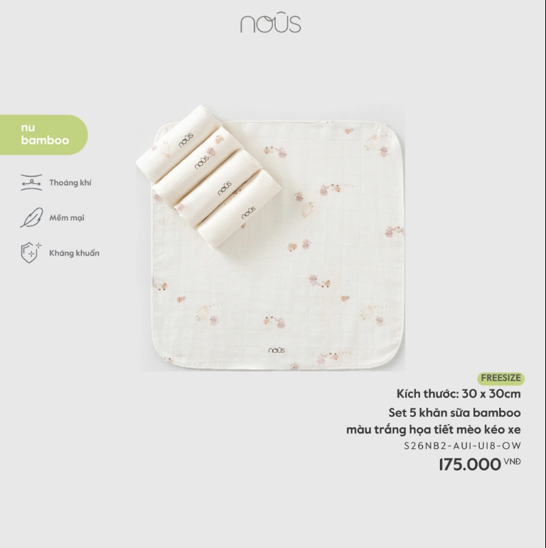  NOUS - Set 5 khăn sữa trắng in hoạ tiết 