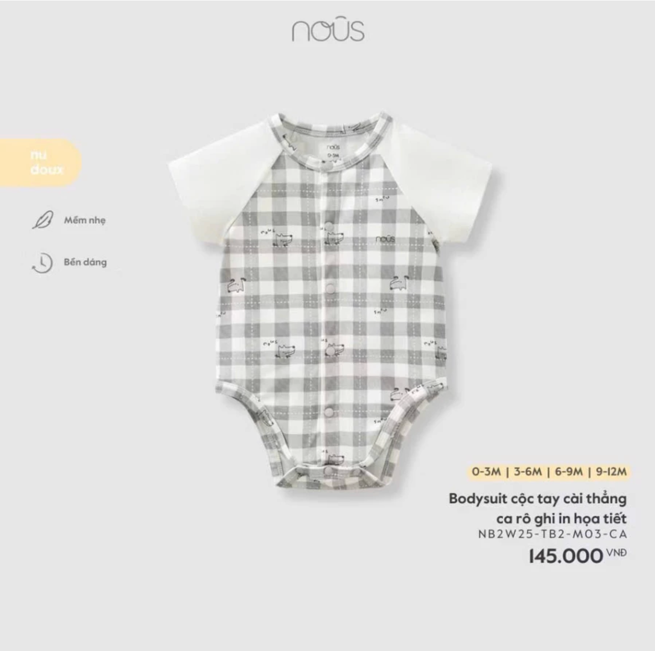  NOUS - Bodysuit cộc tay  cài thẳng ca rô ghi in hoạ tiết 
