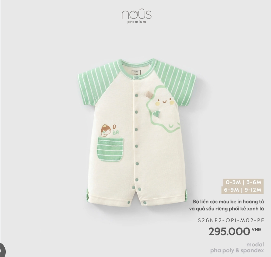  NOUS - Bộ liền cộc màu be in hoàng tử và quả sầu riêng phối lẻ xanh lá 