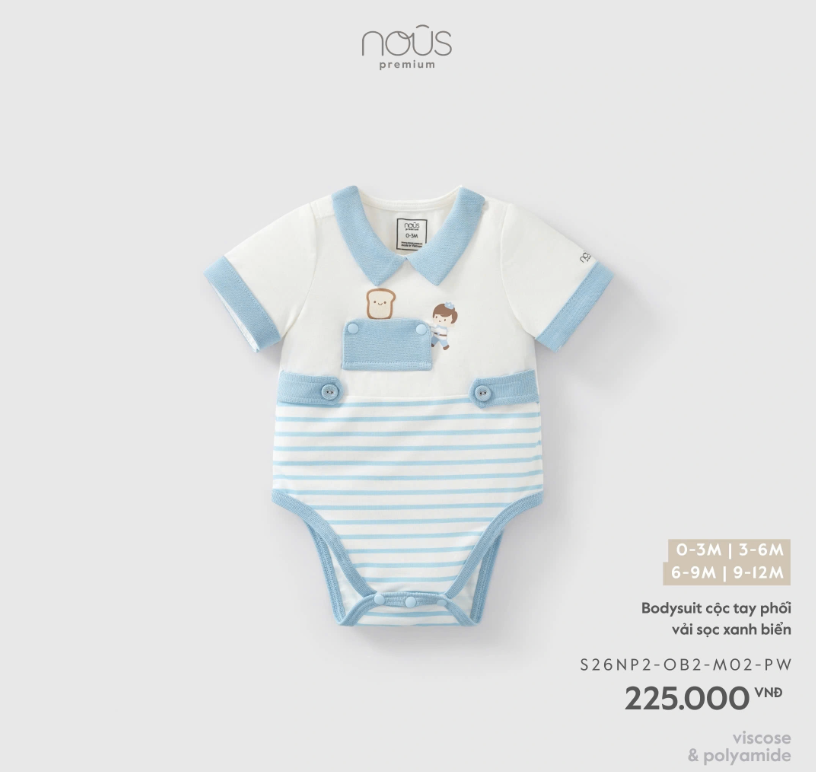  NOUS - Bodysuit cộc tay phối vải sọc xanh biển 