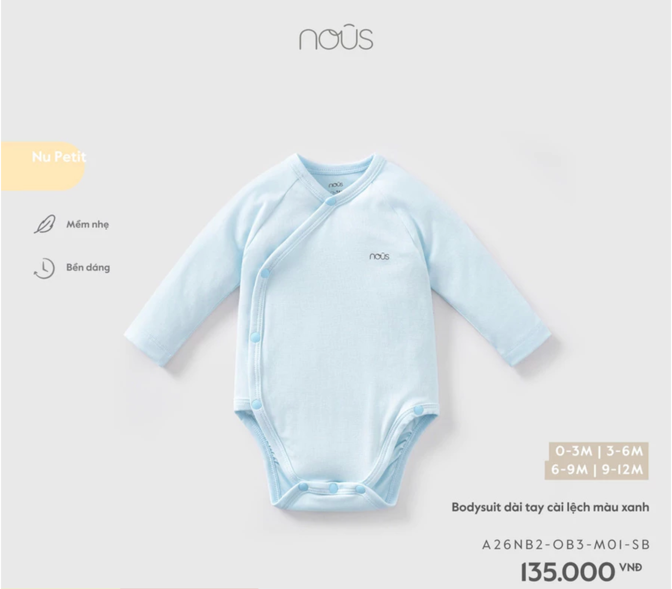  NOUS - Bodysuit dài tay cài lệch màu xanh 0m 