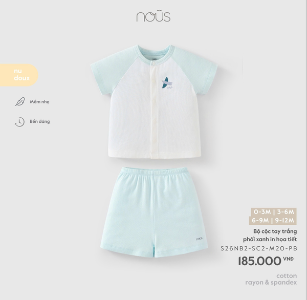  NOUS - Bộ cộc tay trắng phối xanh in hoạ tiết 