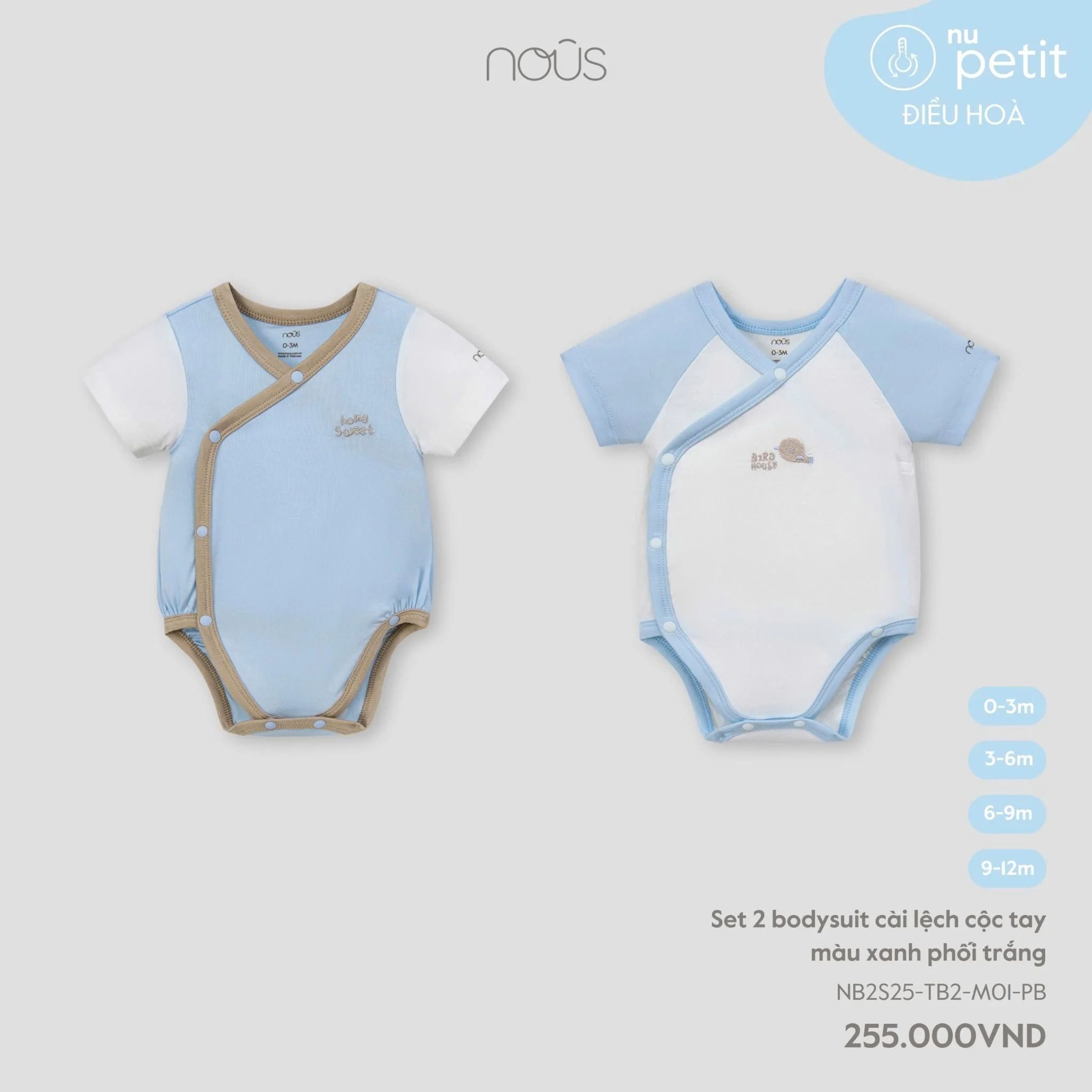 NOUS - Set 2 bodysuit cài lệch cộc tay màu xanh phối trắng 
